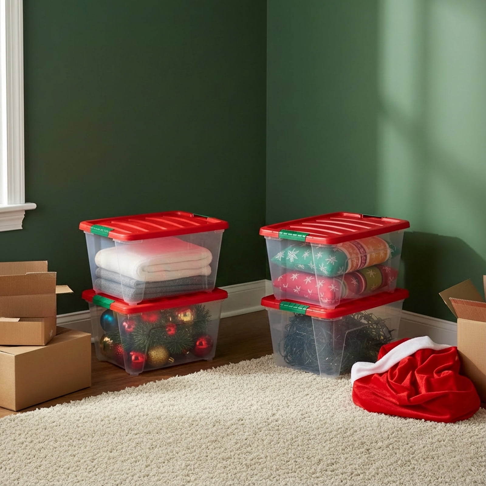 IRIS 32 Qt Stackable Holiday Plastic Storage Bins with Lids and Latching Buckles Clear Red 4 Pack
