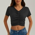 thumbnail image 2 of womens t shirts spring fashion Women's Drawstring Sheer T Shirts Ruched Short Sleeve V Neck Crop Tops spring tops for women, 2 of 7