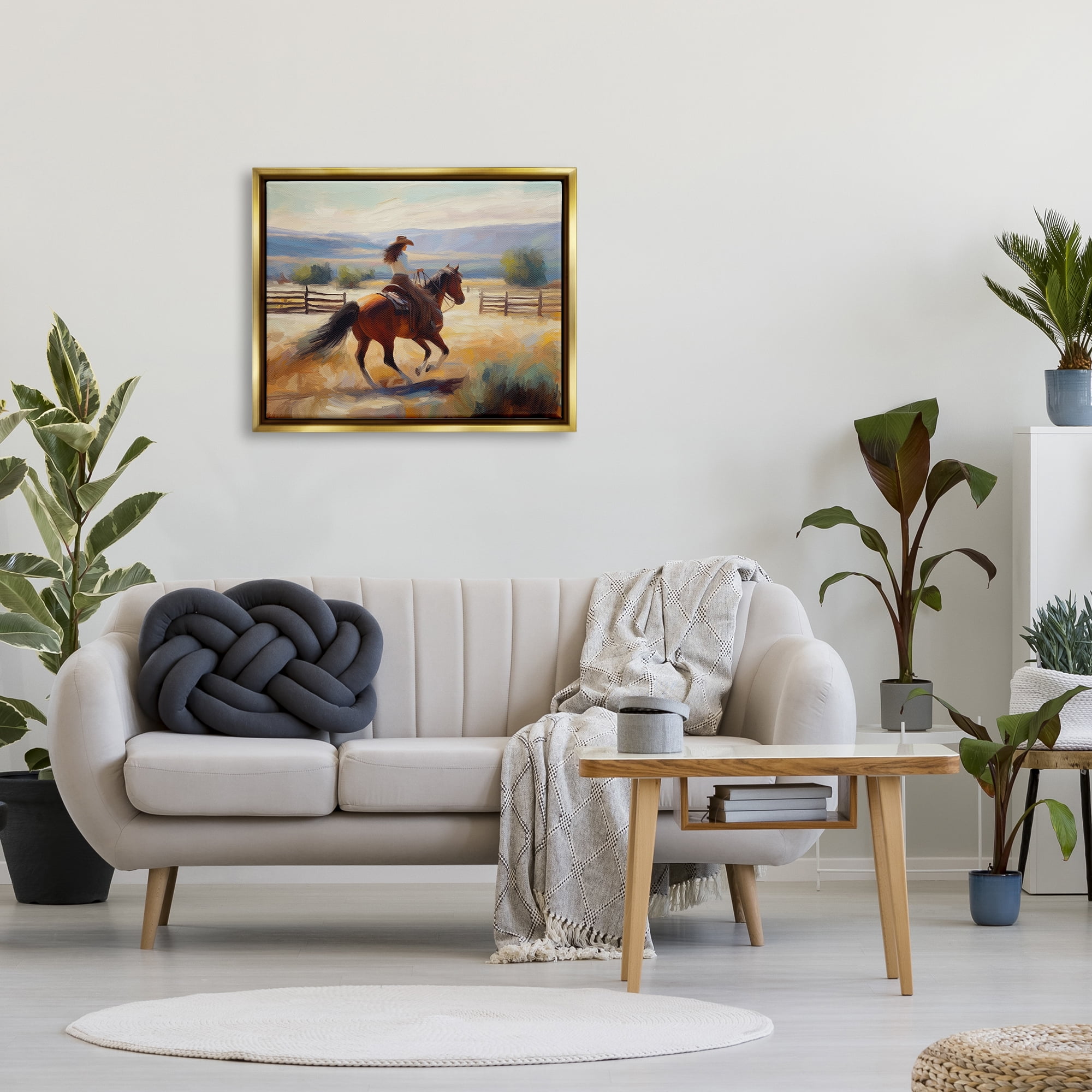 Stupell Industries Galloping Cowgirl Landscape Animals & Insects Painting Gold Floater Framed Canvas Art Print Wall Art, 31 x 25