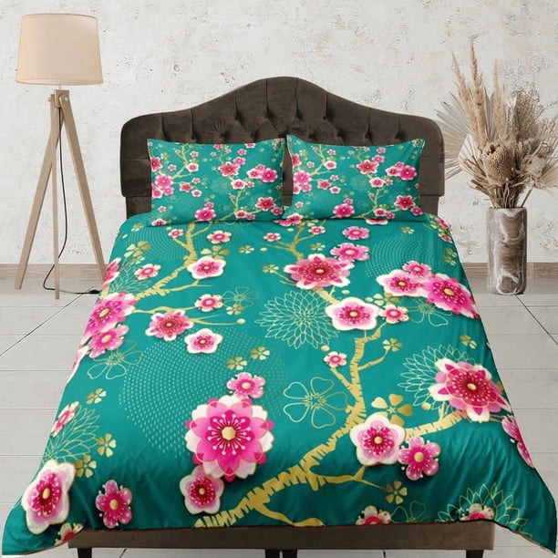 Flor de cerezo verde Juego de funda nórdica, colcha floral Dormitorio Juego de cama