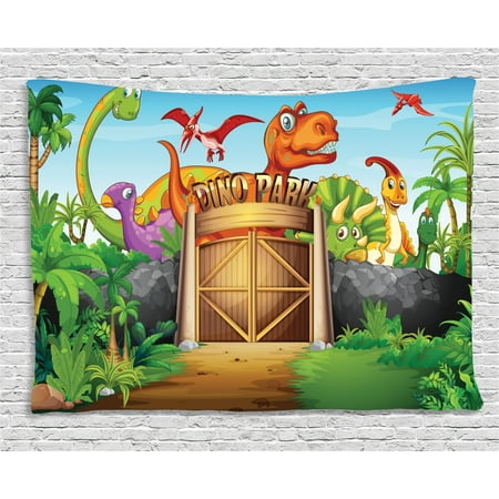 - Zoo Tapestry, Dinosaurs Living in Park Cartoon Prehistoric Wildlife Forest Trees Door Illustration, Wall Hanging for Bedroom Living Room Dorm Decor, 80W X 60L Inches, Multicolor, by Ambesonne