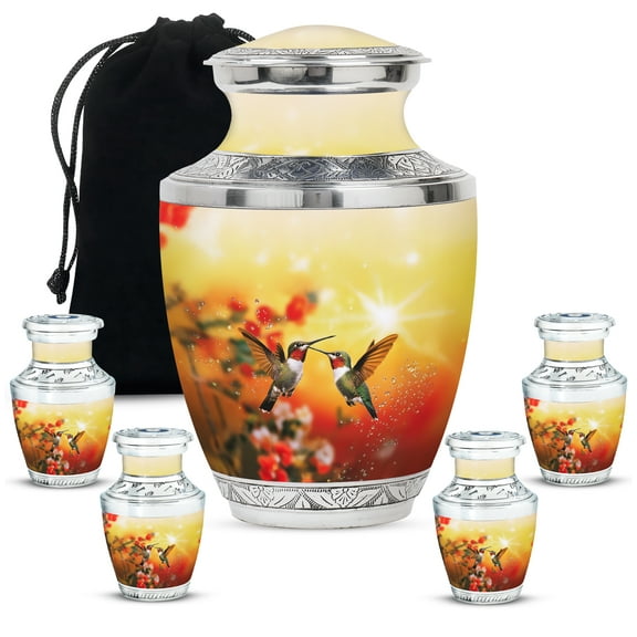 JAGASY Hummingbird Couple Urns Combo of 5 - Yellow Large Urn for Ashes for Women - Small Flowers Urn for Human Ashes Keepsake - Memorial Cremation Urns for Mom & Dad - (1 Large, 10", 4 Small, 3")