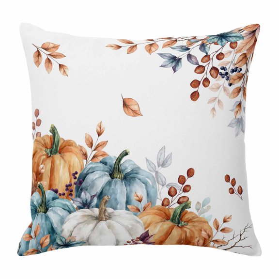 Throw Pillow Covers, Orange Blue Grey Fall 16x16 Pillow Covers for Couch/Sofa/Bed, Thanksgiving Pumpkins Botanical Decorative Square Linen Cushion Pillowcase for Home Decor