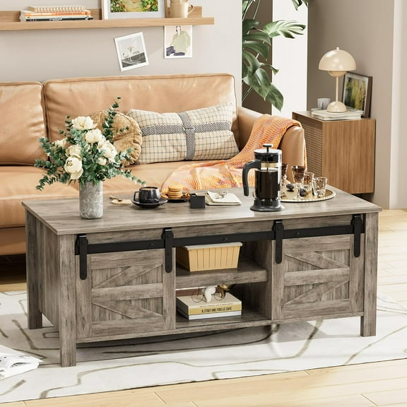 JUMMICO Farmhouse Coffee Table with Storage & Sliding Barn Doors, Modern Rustic Living Room Table with Adjustable Shelves, Wooden Rustic Center Table for Living Room (Light Rustic Oak)