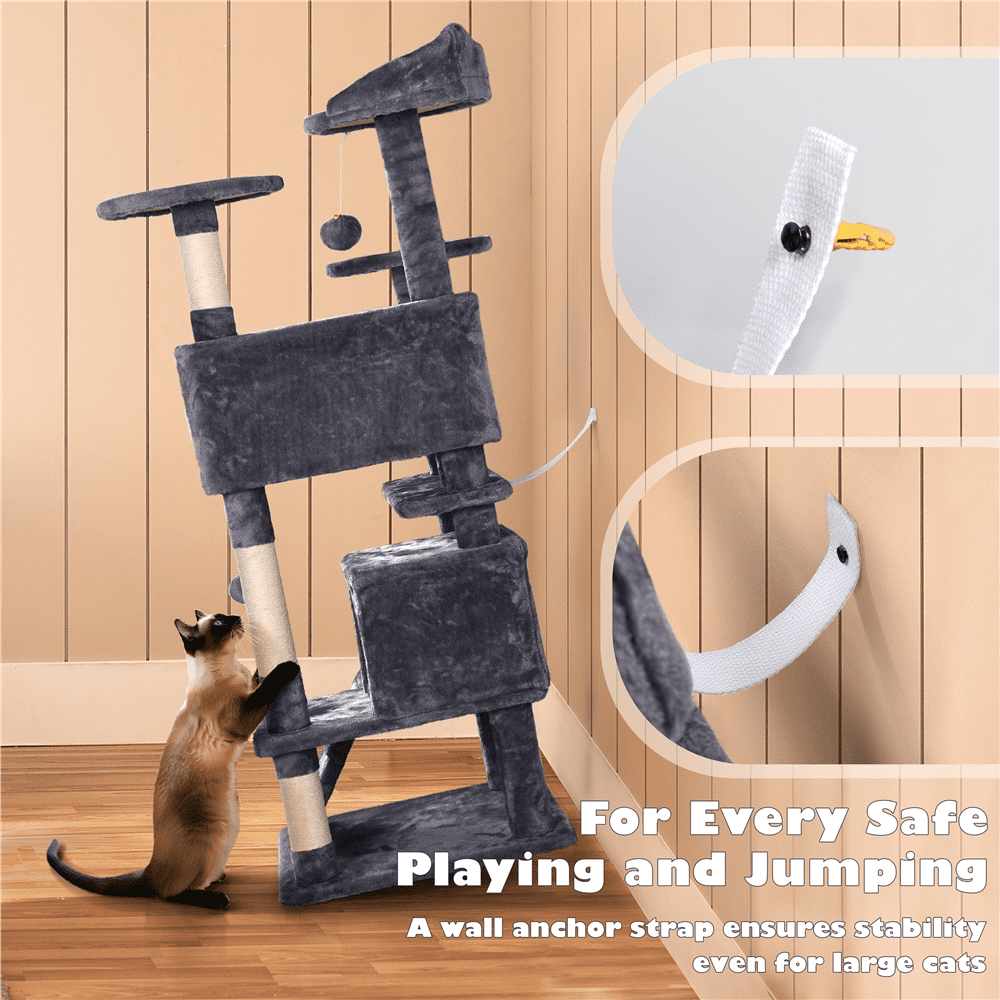 Yaheetech 53.9" H Cat Tree with Double Condos, Scratching Posts & Toys, Dark Gray