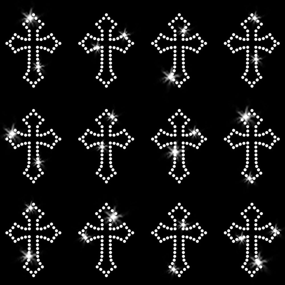 Set of 12 Tiny Cross Gothic Christian Faith Sparkly Crystal Clear Bling Iron-on Rhinestone Transfer by JCS Rhinestones