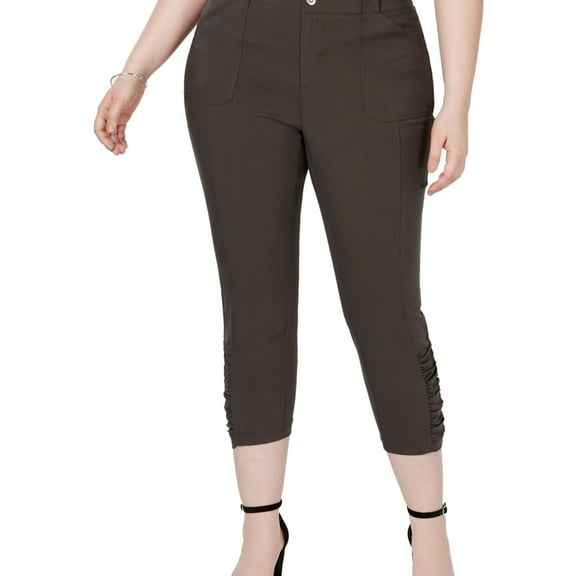 I.N.C Womens Ruched Hem Casual Cropped Pants, Green, Plus Size, 16W