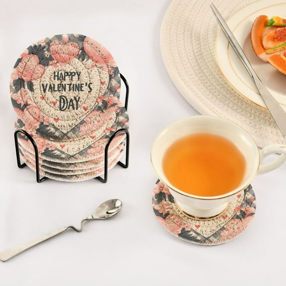 BZSMCE 6Pcs Drink Coasters With Holder 3.94Inch Hearts and Flowers Valentine Greeting Creative Coil Coaster Coasters Colors Absorbent Coasters for Drinks Coasters Set Thicken Heat for Home Table