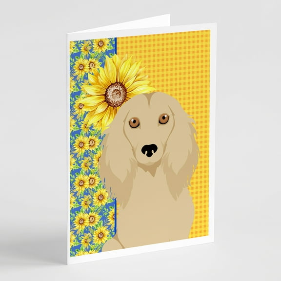 Summer Sunflowers Longhair Cream Dachshund Greeting Cards and Envelopes Pack of 8 7 in x 5 in
