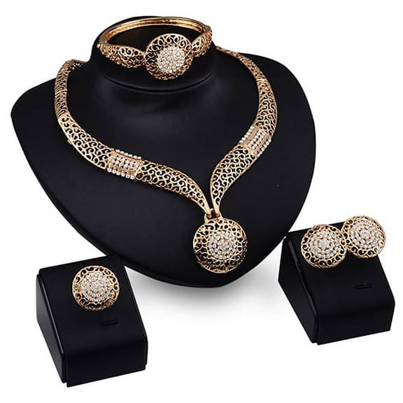 UDIYO Women Banquet Wedding Party Hollow Rhinestone Necklace Bracelet Ring Earrings Set
