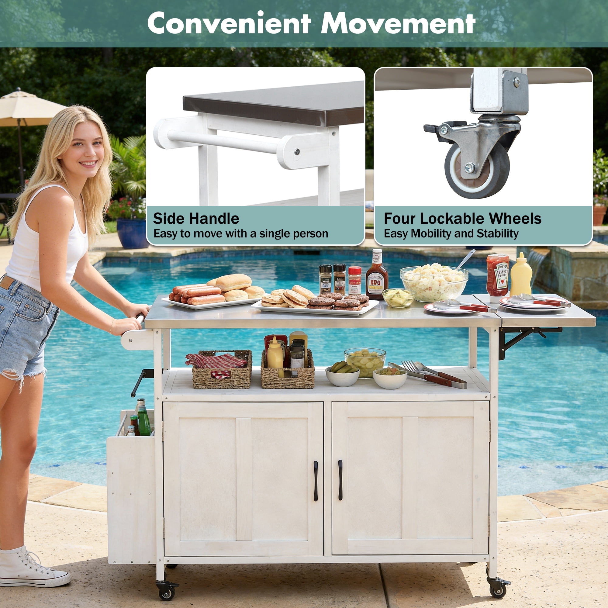 Mobile Cooking Island, Foldable Outdoor Patio Kitchen Cart, White