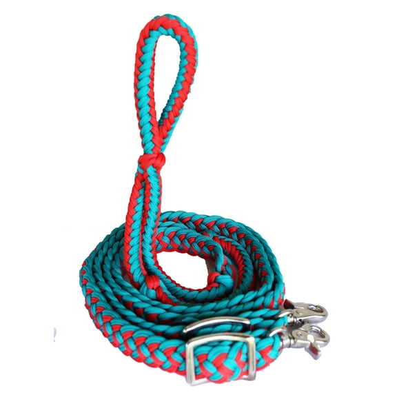 Horse Western Nylon Braided Barrel Knotted Reins Teal Red 60792