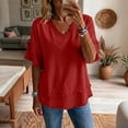 thumbnail image 6 of longantii Womens Summer Gauze Tops V Neck Short Sleeve Raw Edge Hem Cotton Linen Tunic Blouse Beach Vacation Tees Red XL, 6 of 6