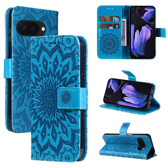 Allytechgroup for Google Pixel 9A Case Wallet, Slim Fit Sunflower Embossed PU Leather Flip Cover Stand Hand Strap Shockproof Stylish Cards Slots Phone Case for Google Pixel 9A, Blue