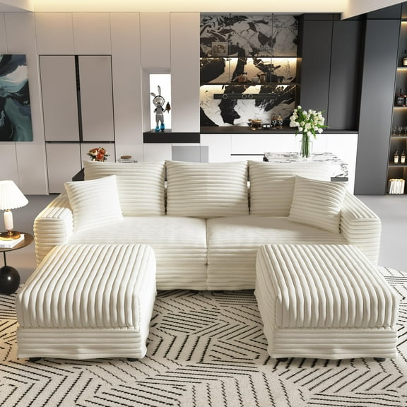 82.7" Plush Corduroy 3-Seat Sofa, Modern Cloud Couch with 2 Ottomans, Deep Seat, Convertible Lounge Chair, Beige, Living Room, Apartment, Office