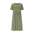thumbnail image 5 of Sundresses for Women 2025 Plus Size Short Sleeve Crew Neck A-Line Flowy Pleated Waist Summer Midi Swing Beach Dresses Green S, 5 of 9