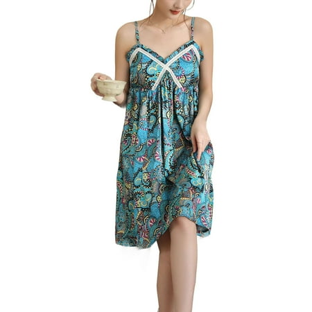 Defitshape Women s Victorian Nightgown Chemise Lingerie Slip Deep V Neck Padded Lounge Dress Band Elastic Vintage Fashion Knee Length Princess Bra Night Gown Blue Medium