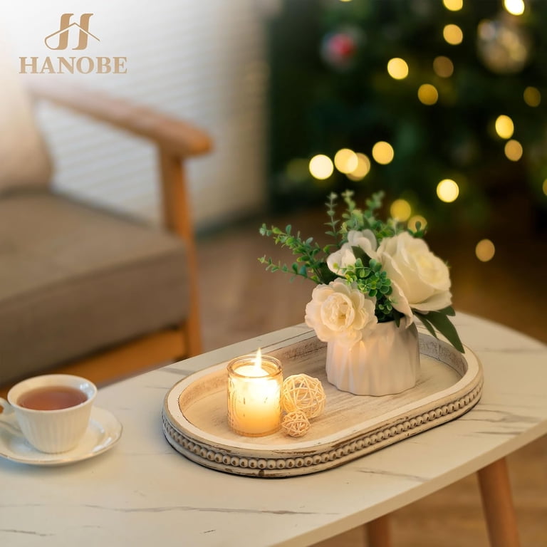 Hanobe Beaded Edge Whitewashed Wood Oval Tray photo 2