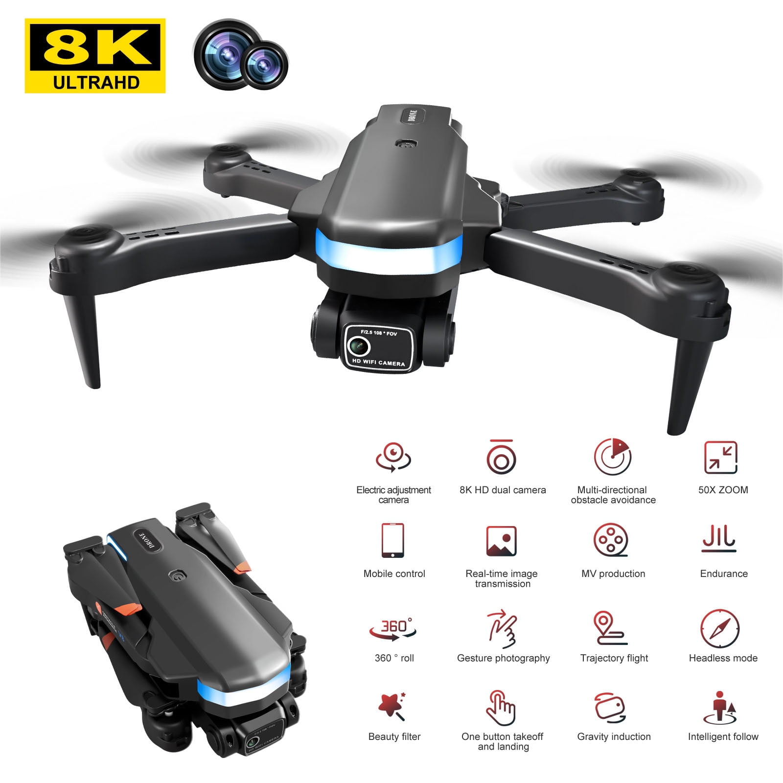 ESULOMP Foldable Drone with Dual 1080P WiFi Camera for Adults and Kids; Gesture Control RC Quadcopter with Batteries