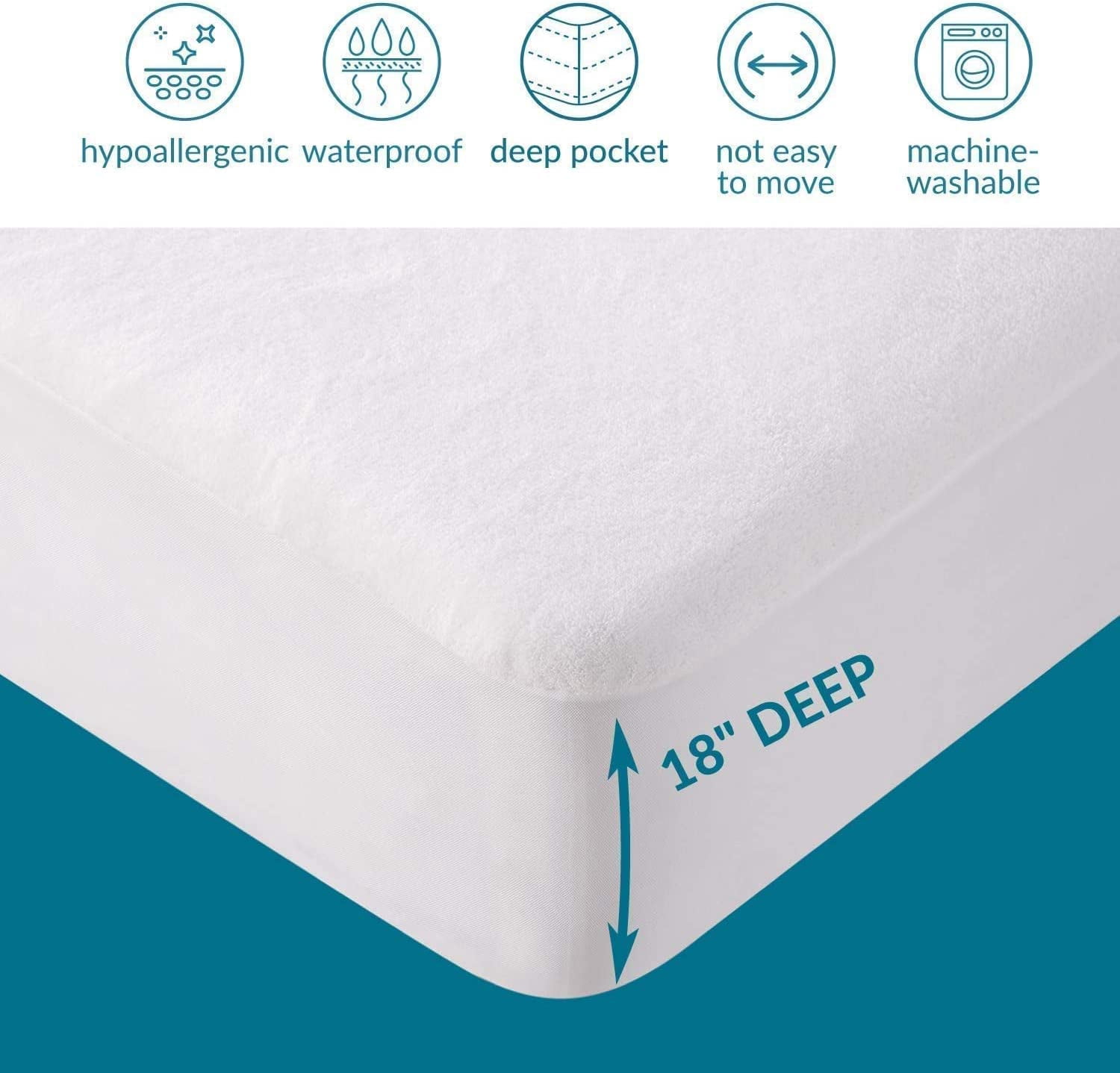 Split Head King 28" Waterproof mattress Protector Pad Cover Top Split Fitted Style Soft Terry Fabric White Fits Up to 18" Inch Deep Pocket Easy Washable