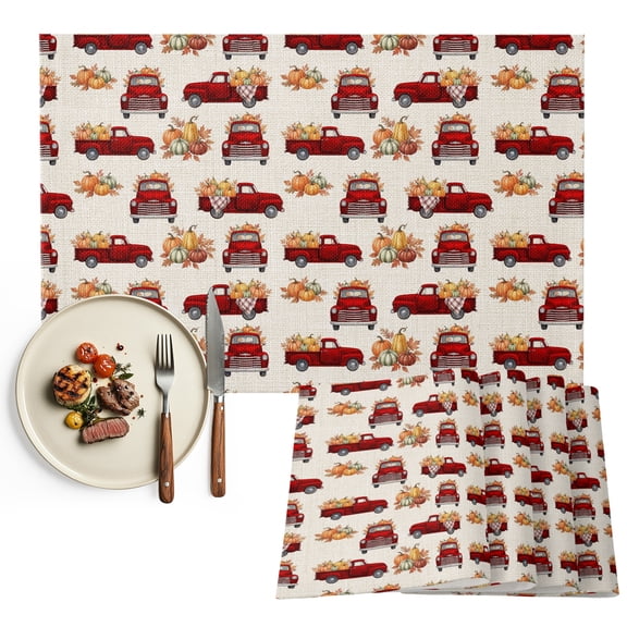 Red Truck Pumpkins Fall Placemats Set of 4, Thanksgiving Harvest Farmhouse Washable Wipeable Table Mats for Dining Tables, Indoor Outdoor Kitchen Place Mats for Holiday Party Table Decor