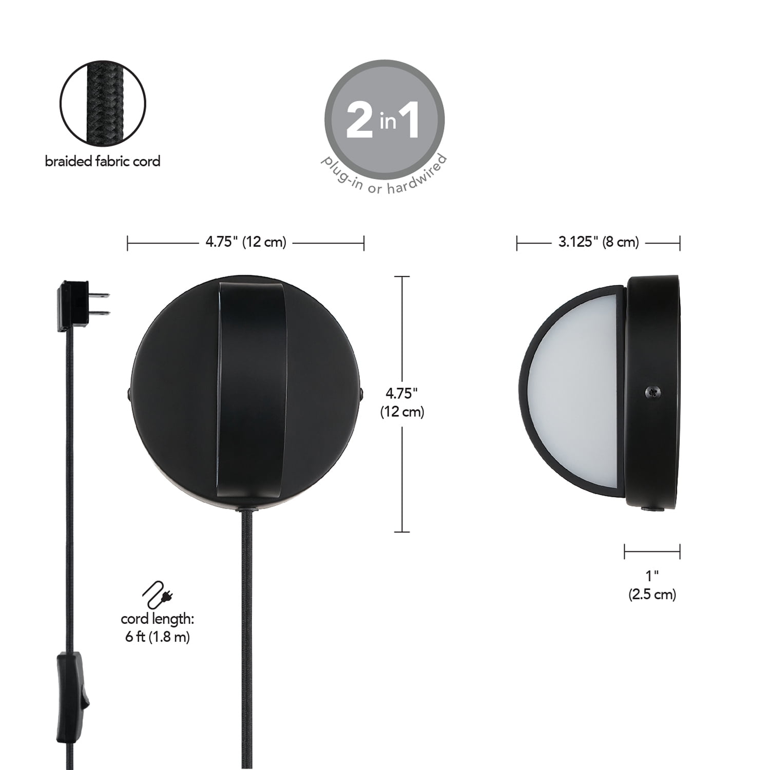 Globe Electric 4.75" Matte Black LED Integrated Plug-in or Hardwire Indoor Wall Sconce (2-pack)