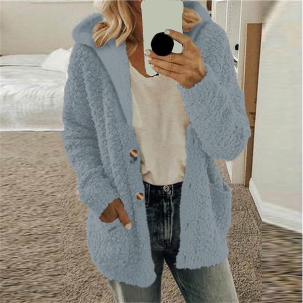 Chaqueta Wancir para mujer, de franela con forro de sherpa, abrigo cálido de gran tamaño con capucha y botones de polar