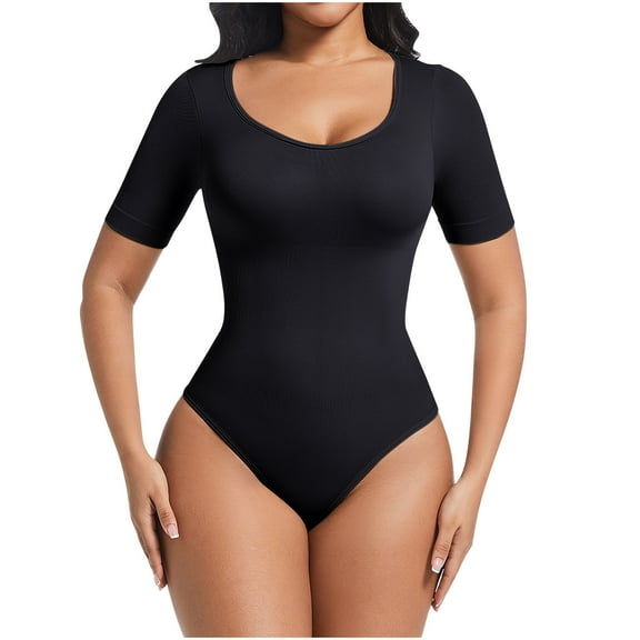Pitauce Women's Short Sleeve Shapewear Bodysuits Seamless Tummy Control Slimming Thong Bodysuit Going Out Tops Body Shaper