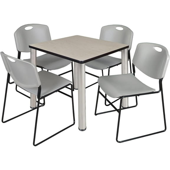 Homestock Zen Zone 30" Square Lounge Table Maple/ Chrome With 4 Nesting Chairs, Grey - Ergonomic Breakroom Furniture Set For Staff Break Room, Tables & Chair, Breakroom Set
