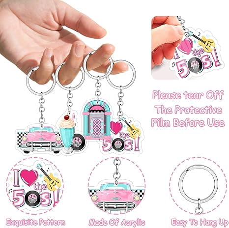 50's Party Decorations 24Pcs 50s Theme Keychains 1950's Rock and Roll Key Chains Colorful Retro Car Vinyl Record Guitar Acrylic Keyrings Party Favors for 50's Theme Music Party Birthday Party