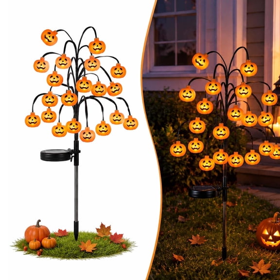 Pumpkin Solar Branch Lights, 20 LED Lights Fall Twinkling Pumpkin Solar Lights Outdoor Decorative, Halloween Pumpkin Tree Solar Stake Light, Waterproof for Yard Garden Patio Porch