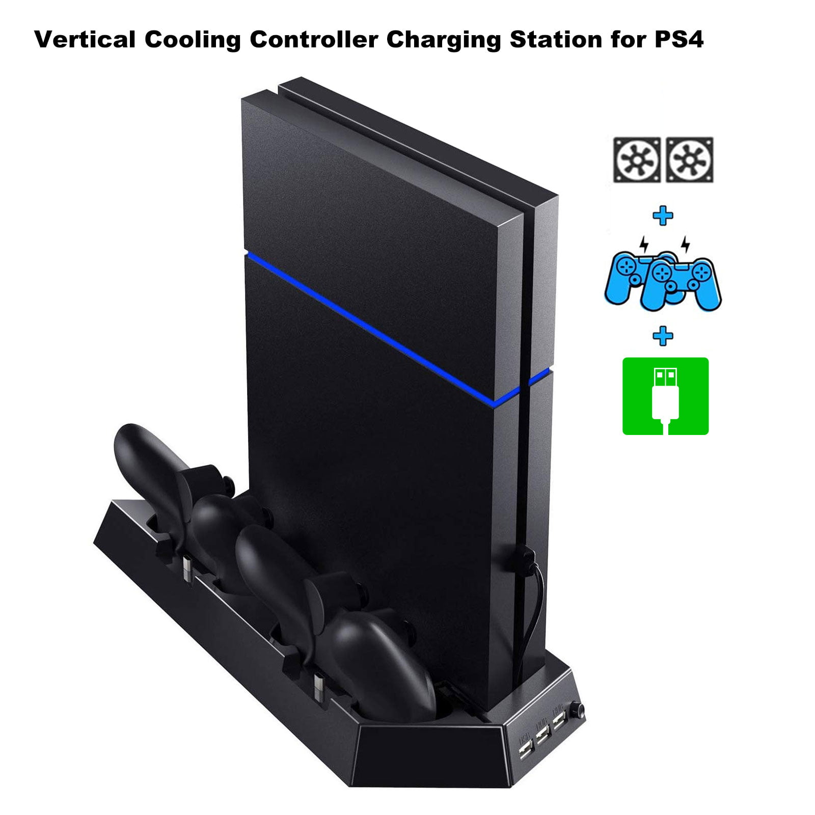 Playstation REYTID PS4 Slim Vertical Dual Cooling Pad Plus 2 x USB Charging Ports Charge Station Cooler USB Wireless Controller Black