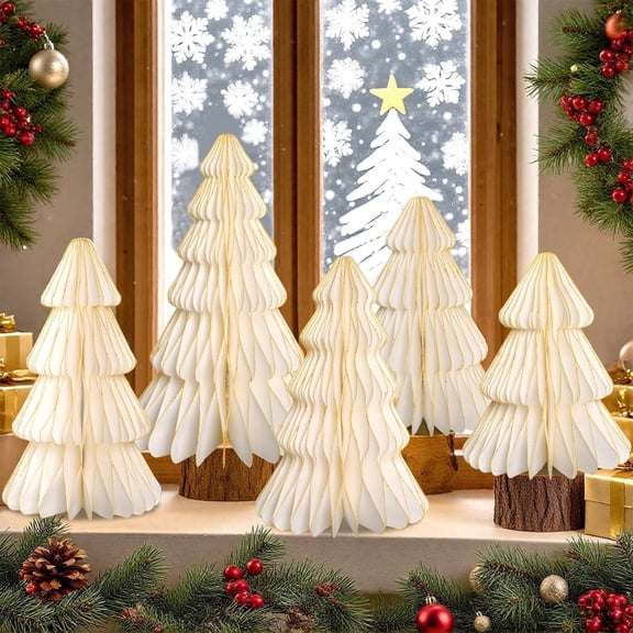 5 Pack Honeycomb Paper Christmas Trees, 3D Christmas Table Centerpieces for Mantel Tabletop Winter Home Decor