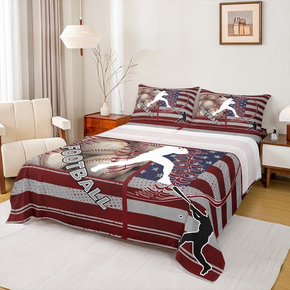 Feelyou Baseball Sports Boys Full Size Sheets, Football Soccer Lover Bed Sheets, Vintage American Flag Sheet Sets, Super Cozy Room Decor, 4pcs
