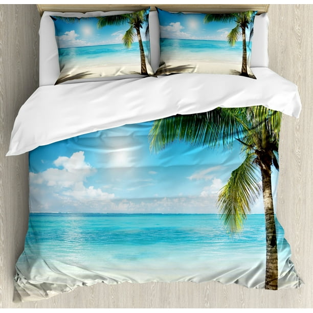 Tropical Beach Duvet Cover Set, Coconut Palm Trees Shadows On Caribbean