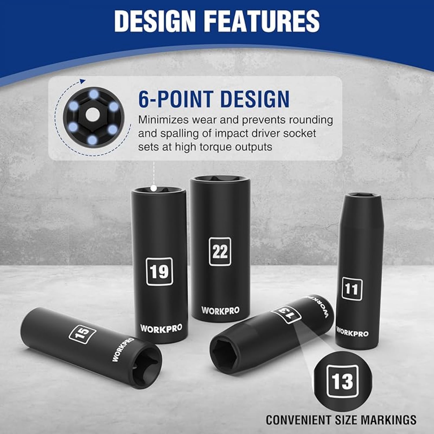 20-Piece 1/2＂ Drive Deep Impact Socket Set, 6-Point, Cr-V Steel, 10-27mm, Universal Joint, Adapter and Extension Bar, Metric