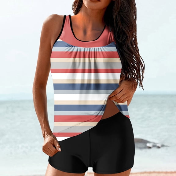 CALAFEBILA Women Swimsuit Tankini Two Piece Modest Striped Print Pleated Bathing Suits