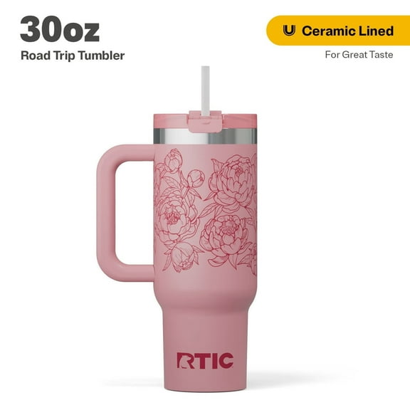 RTIC 30 oz Tumbler, Ceramic Lined, Leak-Resistant Straw Lid, Road Trip, Pink Peonies