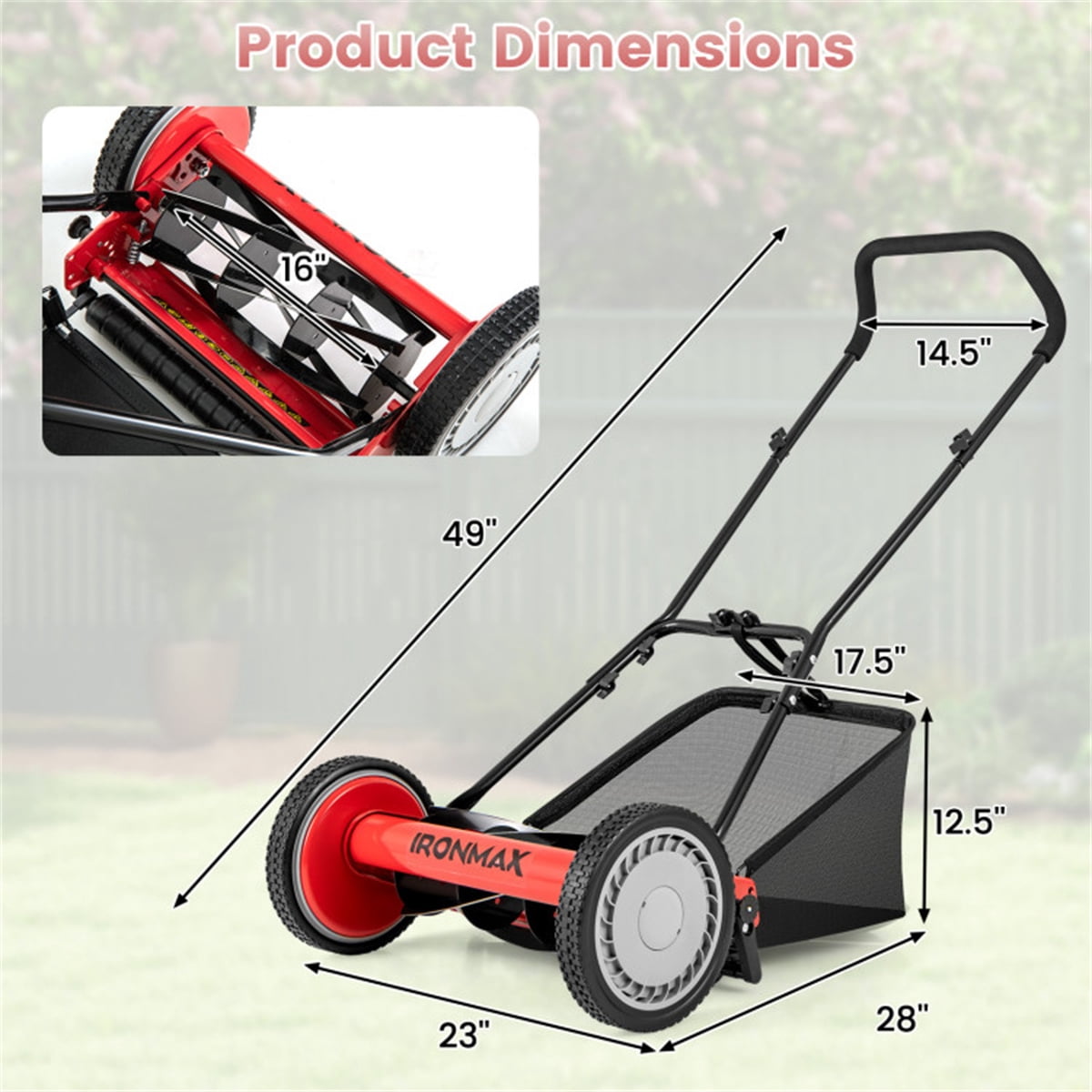 TOPCOMFY Manual Push Lawn Mower 16 Inch 5 Blade System with Adjustable Cutting Height Manganese Steel Metal Grass Collector