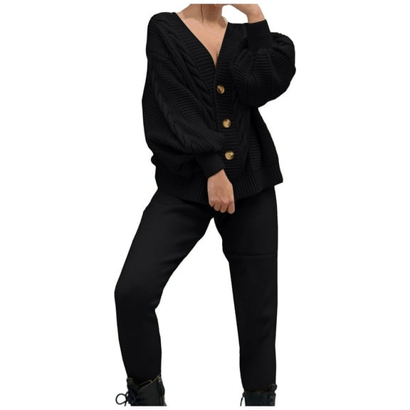 LYXSSBYX Sweatsuits 2pcs Sets Womens Women's Fashion V-Neck Solid Sweater Set Knitted Cardigan Coat Pants Two Piece Set