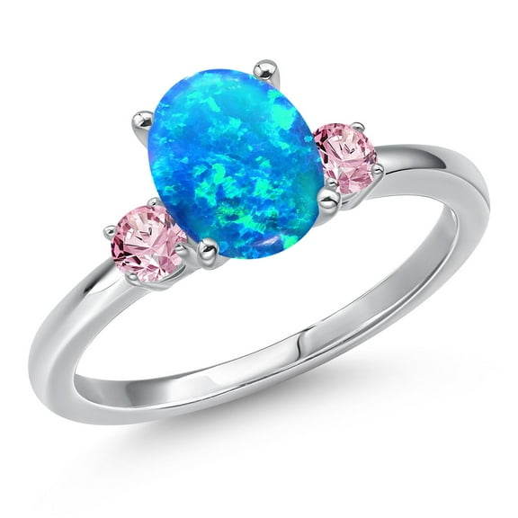 Gem Stone King 14K White Gold Simulated Blue Opal and Pink Lab Grown Diamond Engagement Ring for Women | 0.82 Cttw | Oval Cabochon 9X7MM | Gemstone October Birthstone | Size 8