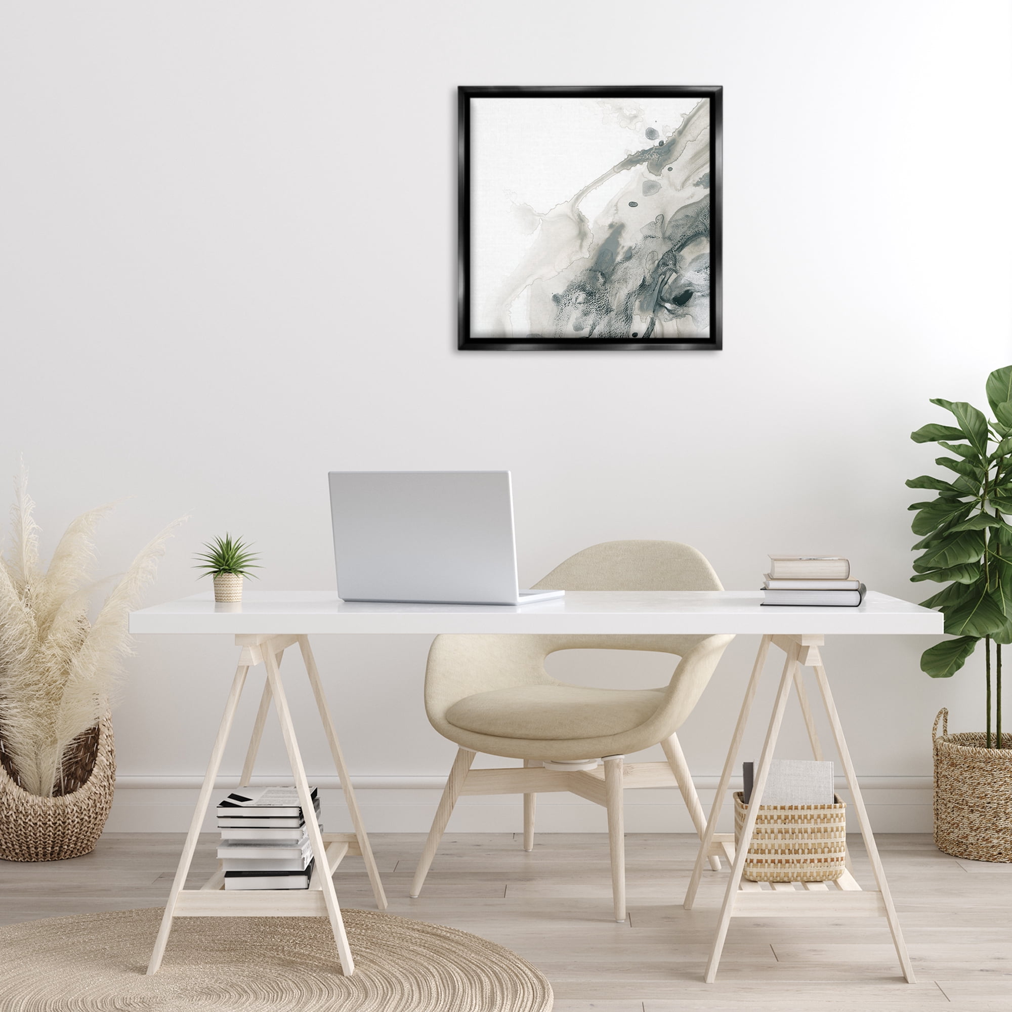 Stupell Industries Grey Splash on White Abstract Painting Black Floater Framed Canvas Art Print Wall Art, 25 x 25