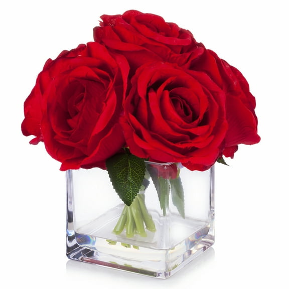 Enova Home Artificial Flowers Large 7 Stems Silk Roses Fake Flowers Arrangement in Cube Glass Vase with Faux Water for Home Office Wedding Decoration (Red)