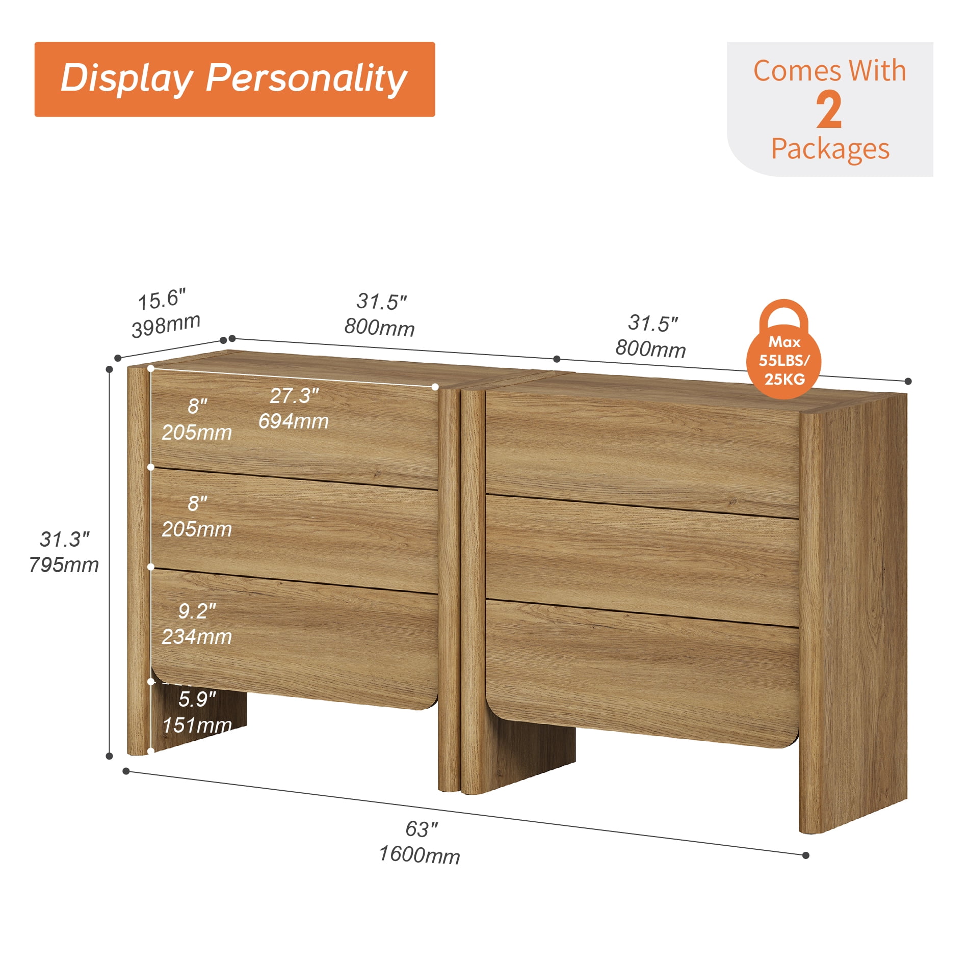 Modern French TV Stand, 63-Inch 2-Piece Media Console with 6 Push-to-Open Drawers, Supports TVs up to 70 Inches, Walnut