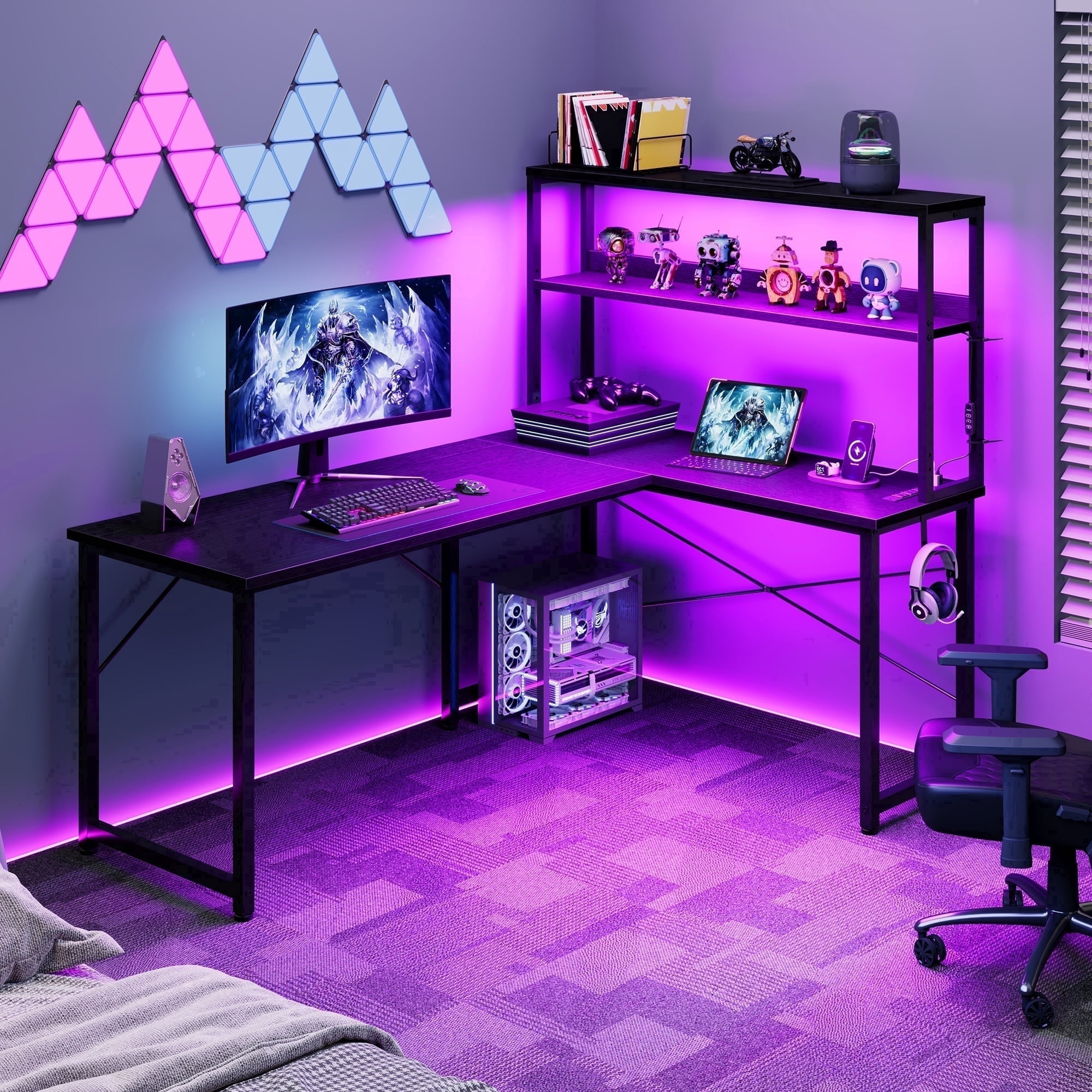 Reversible Display Shelf Gaming Desk with LED Lights & Power Outlets, 53 inch L-Shaped Computer Desk with Hutch & Hook, Black