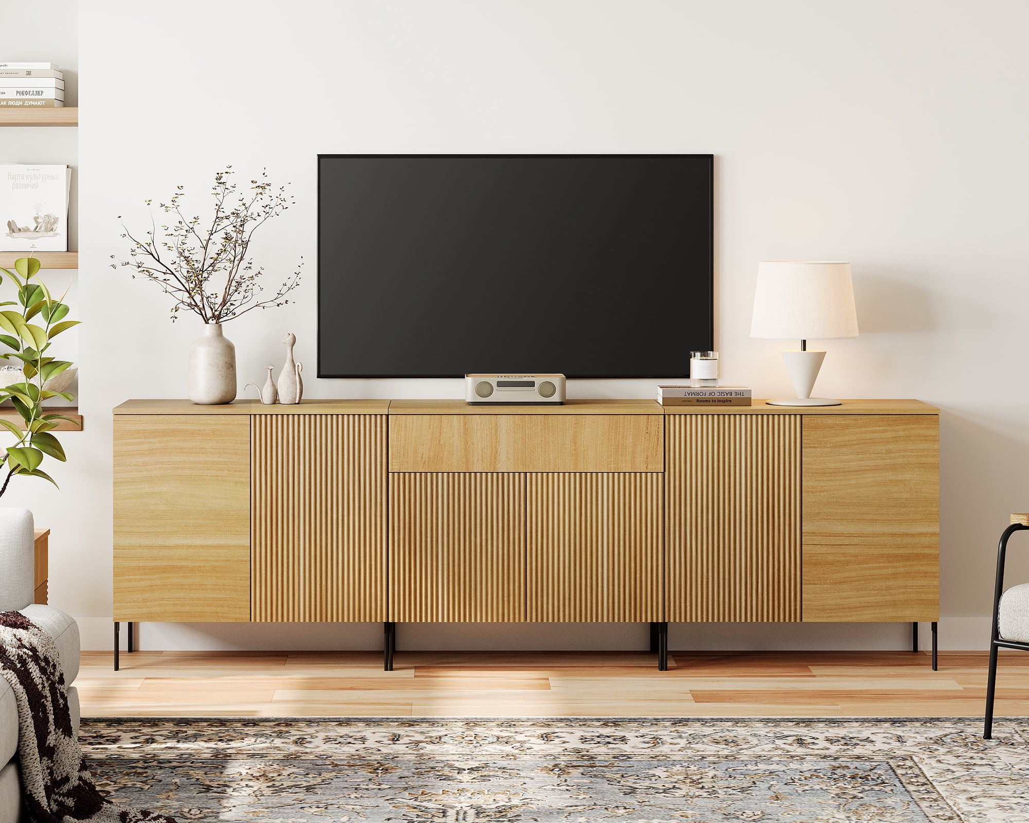 94.5" Modern Reeded Dresser TV Stand for TVs up to 100 Inch, Entertainment Center with Adjustable, Wooden TV Console with Storage for Living Room