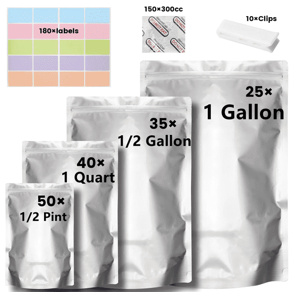 150 Pack Mylar Bags for Food Storage with Oxygen Absorbers, Labels and Clips - Resealable Ziplock Bags for Packaging,Pint Size Storage Bags(4 Size)