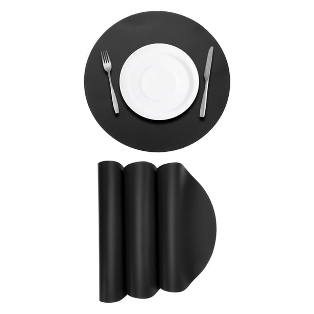 4 Pcs Manteles Individuales de Cuero Sintético para Mesa de Cena, Manteles Redondos Resistentes al Calor (Negro)