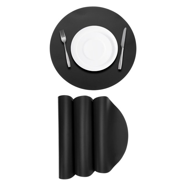 4 Pcs Manteles Individuales de Cuero Sintético para Mesa de Cena, Manteles Redondos Resistentes al Calor (Negro)