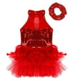 thumbnail image 4 of Robe Tutu de Danse Ballet Sans Manches à Paillettes pour Filles, Justaucorps, Robe de Performance sur Scène Jazz Latin avec Chouchou Rouge 7, 4 of 7